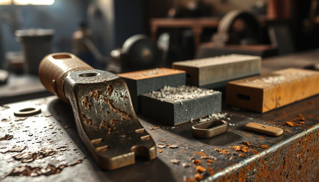 A rugged, weathered metal surface, pitted and scarred by years of intense use. Shimmering edges and sharp facets catch the warm, focused light, casting dramatic shadows that accentuate the grit and texture. In the foreground, a sturdy, utilitarian tool, its handle worn smooth by countless calloused hands. The middle ground features an assortment of sharpening stones, their abrasive surfaces dusted with metal shavings, hinting at the transformative power of patient, deliberate effort. The background fades into a hazy, industrial atmosphere, suggesting the workshop where this essential process unfolds. The overall mood evokes a sense of hardiness, functionality, and the beauty inherent in well-worn tools of the trade. A rugged, weathered metal surface, pitted and scarred by years of intense use. Shimmering edges and sharp facets catch the warm, focused light, casting dramatic shadows that accentuate the grit and texture. In the foreground, a sturdy, utilitarian tool, its handle worn smooth by countless calloused hands. The middle ground features an assortment of sharpening stones, their abrasive surfaces dusted with metal shavings, hinting at the transformative power of patient, deliberate effort. The background fades into a hazy, industrial atmosphere, suggesting the workshop where this essential process unfolds. The overall mood evokes a sense of hardiness, functionality, and the beauty inherent in well-worn tools of the trade.