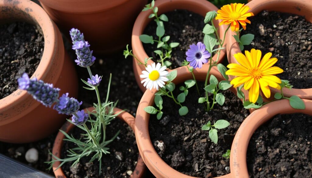 A rustic arrangement of terracotta pots, filled with rich, dark soil, nestled amidst a lush garden setting. Soft, natural light filters through the scene, casting gentle shadows and highlighting the tactile textures of the pottery and earth. In the foreground, a small lavender plant with delicate purple blooms, its fragrant leaves gently swaying. Beside it, a chamomile plant with its cheerful, daisy-like flowers, and a Calendula with its vibrant orange petals. The pots are arranged in a pleasing, harmonious composition, suggesting the potential for bountiful herb growth in even the most compact of spaces. A rustic arrangement of terracotta pots, filled with rich, dark soil, nestled amidst a lush garden setting. Soft, natural light filters through the scene, casting gentle shadows and highlighting the tactile textures of the pottery and earth. In the foreground, a small lavender plant with delicate purple blooms, its fragrant leaves gently swaying. Beside it, a chamomile plant with its cheerful, daisy-like flowers, and a Calendula with its vibrant orange petals. The pots are arranged in a pleasing, harmonious composition, suggesting the potential for bountiful herb growth in even the most compact of spaces.