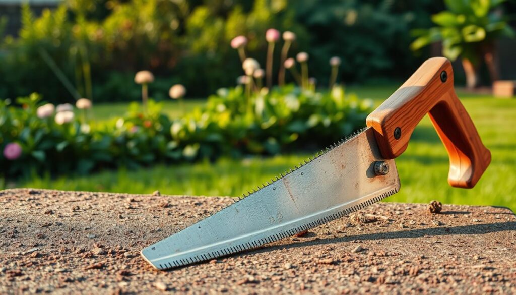 A rustic, well-worn folding saw with a sturdy wooden handle and sharp, serrated steel blade lies in the foreground, casting a soft shadow on a textured, earthy surface. The saw is positioned in a natural, inviting manner, ready for use in backyard pruning or yard work. In the middle ground, a lush, verdant garden with vibrant greenery and flourishing plants creates a peaceful, idyllic setting. The background is softly blurred, hinting at a tranquil outdoor environment, perhaps a well-manicured lawn or a wooded area, bathed in warm, natural light that casts gentle shadows and highlights the saw's weathered details. A rustic, well-worn folding saw with a sturdy wooden handle and sharp, serrated steel blade lies in the foreground, casting a soft shadow on a textured, earthy surface. The saw is positioned in a natural, inviting manner, ready for use in backyard pruning or yard work. In the middle ground, a lush, verdant garden with vibrant greenery and flourishing plants creates a peaceful, idyllic setting. The background is softly blurred, hinting at a tranquil outdoor environment, perhaps a well-manicured lawn or a wooded area, bathed in warm, natural light that casts gentle shadows and highlights the saw's weathered details.