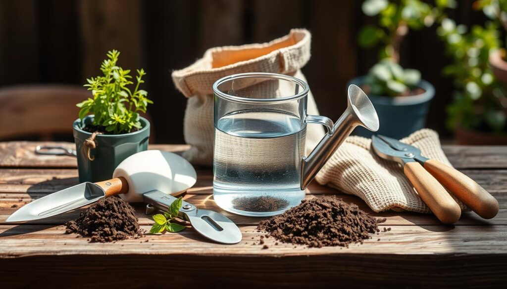 A rustic wooden table with an assortment of essential gardening tools, including a watering can, a hand trowel, a pair of pruning shears, and a small bag of organic soil. The tools are arranged in a visually appealing manner, with the watering can taking center stage, filled with clean, clear water. The lighting is soft and natural, creating a warm, inviting atmosphere. The background is blurred, allowing the tools to be the focal point of the image. The overall mood is one of simplicity, practicality, and the joy of nurturing plant life. A rustic wooden table with an assortment of essential gardening tools, including a watering can, a hand trowel, a pair of pruning shears, and a small bag of organic soil. The tools are arranged in a visually appealing manner, with the watering can taking center stage, filled with clean, clear water. The lighting is soft and natural, creating a warm, inviting atmosphere. The background is blurred, allowing the tools to be the focal point of the image. The overall mood is one of simplicity, practicality, and the joy of nurturing plant life.