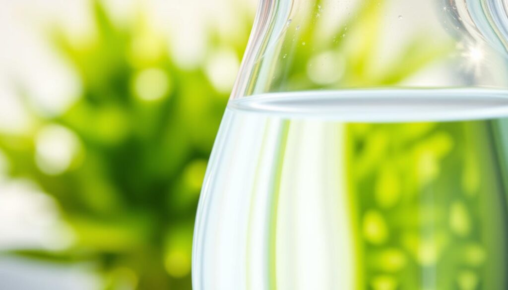 A serene, close-up view of a clear glass beaker filled with crystal-clear, purified water. Bright, diffused natural lighting illuminates the beaker, highlighting the pristine quality of the water. The beaker's curved surface creates a subtle magnifying effect, drawing the viewer's attention to the water's transparency and purity. In the background, a blurred, soft-focus image of a lush, green plant suggests the importance of high-quality water for healthy plant growth. The overall composition conveys a sense of tranquility and scientific precision, underscoring the critical role of water quality in successful plant cultivation. A serene, close-up view of a clear glass beaker filled with crystal-clear, purified water. Bright, diffused natural lighting illuminates the beaker, highlighting the pristine quality of the water. The beaker's curved surface creates a subtle magnifying effect, drawing the viewer's attention to the water's transparency and purity. In the background, a blurred, soft-focus image of a lush, green plant suggests the importance of high-quality water for healthy plant growth. The overall composition conveys a sense of tranquility and scientific precision, underscoring the critical role of water quality in successful plant cultivation.