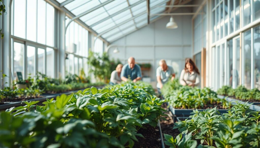 A serene community greenhouse bathed in soft, natural light streams through large windows. In the foreground, thriving plants and lush vegetation create a vibrant, verdant atmosphere. In the middle ground, a group of people tend to the garden beds, their faces aglow with a sense of purpose and community. The background features an airy, open-concept design with high ceilings and a warm, inviting aesthetic, conveying a sense of shared space and collaboration. The scene evokes a tranquil, nurturing environment where residents come together to cultivate both plants and connections. A serene community greenhouse bathed in soft, natural light streams through large windows. In the foreground, thriving plants and lush vegetation create a vibrant, verdant atmosphere. In the middle ground, a group of people tend to the garden beds, their faces aglow with a sense of purpose and community. The background features an airy, open-concept design with high ceilings and a warm, inviting aesthetic, conveying a sense of shared space and collaboration. The scene evokes a tranquil, nurturing environment where residents come together to cultivate both plants and connections.
