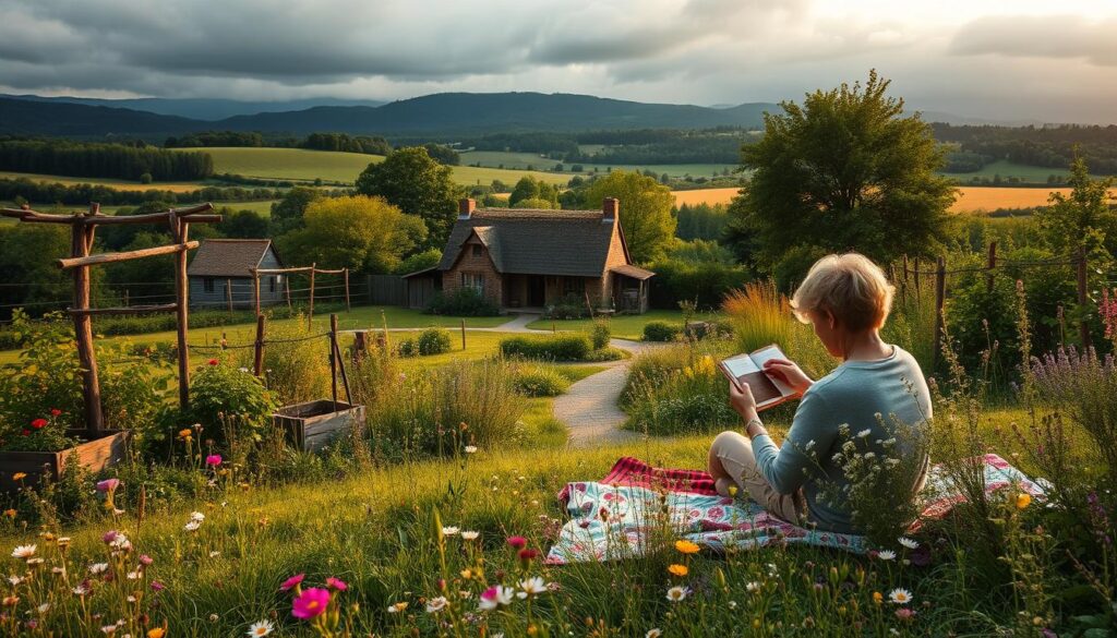 A serene countryside scene in warm, golden afternoon light. In the foreground, a person sits on a blanket, intently studying a small notebook or journal, surrounded by an abundance of wildflowers in a lush, overgrown garden. Wooden garden boxes, trellises, and a winding path lead the eye into the middle ground, where a charming cottage with a thatched roof nestles amid verdant trees and shrubs. The background features rolling hills, a distant forest, and a cloudy, atmospheric sky. The overall mood is one of tranquility, contemplation, and a deep connection to the natural world. A serene countryside scene in warm, golden afternoon light. In the foreground, a person sits on a blanket, intently studying a small notebook or journal, surrounded by an abundance of wildflowers in a lush, overgrown garden. Wooden garden boxes, trellises, and a winding path lead the eye into the middle ground, where a charming cottage with a thatched roof nestles amid verdant trees and shrubs. The background features rolling hills, a distant forest, and a cloudy, atmospheric sky. The overall mood is one of tranquility, contemplation, and a deep connection to the natural world.