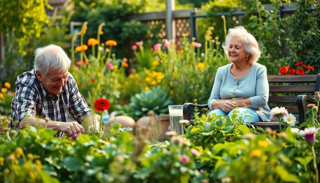 A serene garden scene featuring a group of seniors engaged in various gardening activities. In the foreground, an elderly couple tenderly tending to a flourishing herb garden, their faces radiating joy and a sense of purpose. In the middle ground, a senior woman sitting on a wooden bench, her eyes closed as she savors the calming scents of the plants around her. The background showcases a lush, well-maintained garden with a variety of vibrant, fragrant herbs and flowers, bathed in soft, warm lighting that highlights the tranquility of the setting. The overall atmosphere conveys the health benefits, independence, and contentment that herb gardening can bring to seniors.
