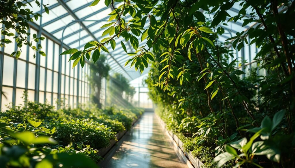 A serene greenhouse interior, soft light filtering through glass panes, casting intricate patterns of illumination across verdant foliage. The ground is lined with highly reflective surfaces, acting as mirrors to scatter and amplify the available sunlight. Delicate leaves sway gently, basking in the captivating interplay of direct and reflected luminance, optimizing their photosynthetic potential. Diffuse rays caress the scene, creating a tranquil, almost mystical ambiance, enhancing the plants' vibrant hues and stimulating their robust growth. The carefully orchestrated balance of natural and reflected light, a symphony of energy and life, becomes the central focus of this visually captivating representation. A serene greenhouse interior, soft light filtering through glass panes, casting intricate patterns of illumination across verdant foliage. The ground is lined with highly reflective surfaces, acting as mirrors to scatter and amplify the available sunlight. Delicate leaves sway gently, basking in the captivating interplay of direct and reflected luminance, optimizing their photosynthetic potential. Diffuse rays caress the scene, creating a tranquil, almost mystical ambiance, enhancing the plants' vibrant hues and stimulating their robust growth. The carefully orchestrated balance of natural and reflected light, a symphony of energy and life, becomes the central focus of this visually captivating representation.