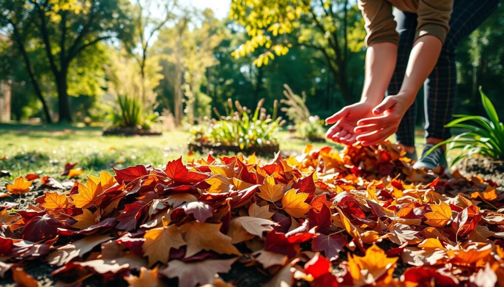 A serene, sun-dappled autumn scene in a lush garden. In the foreground, a pile of freshly gathered fallen leaves - vibrant reds, golds, and browns, scattered gracefully across the soil. In the middle ground, a gardener, hands outstretched, gently gathering more leaves from the ground, their movements conveying a sense of care and connection with the natural world. In the background, a verdant backdrop of swaying trees and foliage, their branches reaching skyward, bathed in warm, soft lighting. The overall atmosphere is one of tranquility, abundance, and the appreciation of nature's cycles. A serene, sun-dappled autumn scene in a lush garden. In the foreground, a pile of freshly gathered fallen leaves - vibrant reds, golds, and browns, scattered gracefully across the soil. In the middle ground, a gardener, hands outstretched, gently gathering more leaves from the ground, their movements conveying a sense of care and connection with the natural world. In the background, a verdant backdrop of swaying trees and foliage, their branches reaching skyward, bathed in warm, soft lighting. The overall atmosphere is one of tranquility, abundance, and the appreciation of nature's cycles.