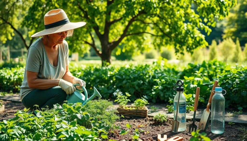 A serene, sun-dappled garden scene. In the foreground, a mature gardener kneels among lush herbs, tending to the plants with a watering can. Overhead, a wide-brimmed sun hat provides ample shade, while a lightweight, breathable top and gloves protect their skin. In the middle ground, neatly arranged gardening tools and a reusable water bottle stand ready. The background showcases a tranquil landscape of flourishing greenery, with dappled sunlight filtering through the canopy of trees. An atmosphere of peaceful productivity and care for one's well-being pervades the scene.