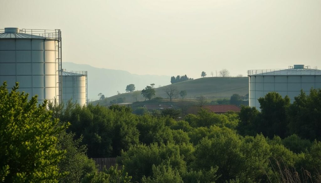 A serene, well-lit scene of sturdy, cylindrical storage tanks nestled amidst lush greenery. In the foreground, the tanks stand tall, their metallic surfaces gleaming under soft, diffuse lighting. In the middle ground, a gently sloping landscape dotted with thriving shrubs and trees creates a sense of natural harmony. The background features a hazy, atmospheric sky, suggesting a tranquil, temperate climate. The overall composition conveys a sense of resilience, efficiency, and the integration of practical infrastructure within a thriving, sustainable environment. A serene, well-lit scene of sturdy, cylindrical storage tanks nestled amidst lush greenery. In the foreground, the tanks stand tall, their metallic surfaces gleaming under soft, diffuse lighting. In the middle ground, a gently sloping landscape dotted with thriving shrubs and trees creates a sense of natural harmony. The background features a hazy, atmospheric sky, suggesting a tranquil, temperate climate. The overall composition conveys a sense of resilience, efficiency, and the integration of practical infrastructure within a thriving, sustainable environment.