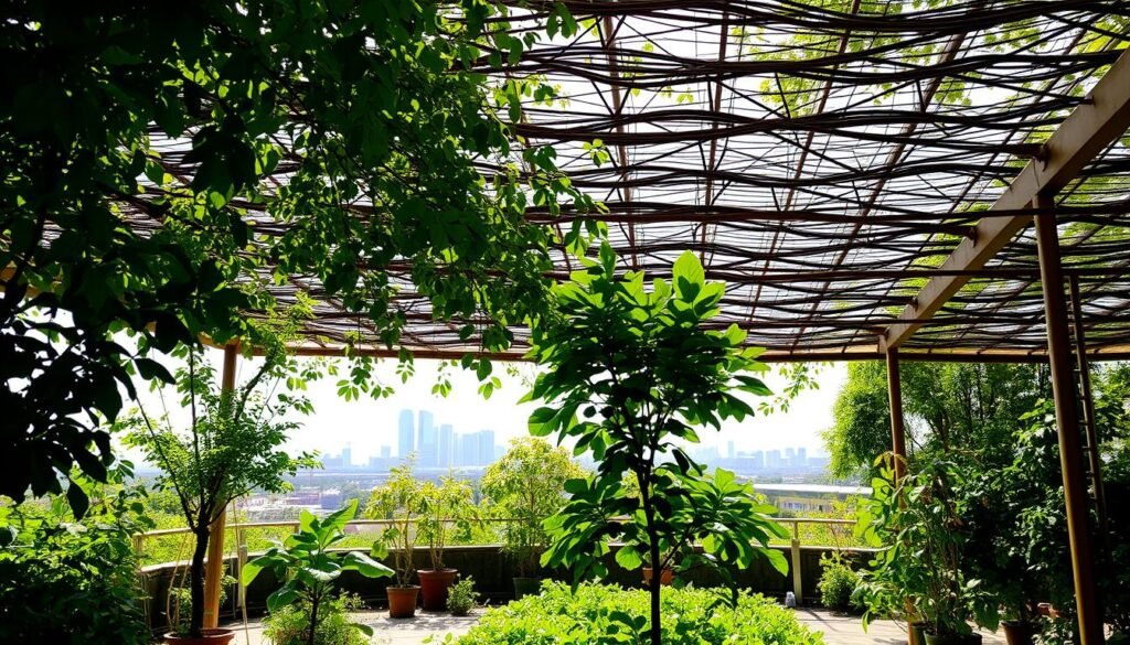 A shaded greenhouse canopy extends over a thriving urban garden, filtering sunlight through a dense latticework of interwoven branches. In the foreground, lush foliage casts dappled patterns on the ground, creating a cool, inviting atmosphere. A mix of potted plants and small trees dot the scene, their leaves rustling gently in a soft breeze. The middle ground features a well-tended vegetable patch, its leafy greens and vibrant colors contrasting with the muted tones of the wooden greenhouse structure. In the background, a city skyline peeks through, hinting at the larger urban landscape beyond the sanctuary of this verdant oasis. A shaded greenhouse canopy extends over a thriving urban garden, filtering sunlight through a dense latticework of interwoven branches. In the foreground, lush foliage casts dappled patterns on the ground, creating a cool, inviting atmosphere. A mix of potted plants and small trees dot the scene, their leaves rustling gently in a soft breeze. The middle ground features a well-tended vegetable patch, its leafy greens and vibrant colors contrasting with the muted tones of the wooden greenhouse structure. In the background, a city skyline peeks through, hinting at the larger urban landscape beyond the sanctuary of this verdant oasis.