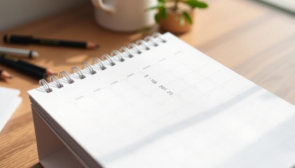 A simple, elegant desk calendar with a clean, minimalist design, displaying the current month and day in a large, readable font. The calendar pages are crisp white, with subtle gray gridlines and soft, natural lighting casting gentle shadows across the surface. The calendar is placed on a wooden desk or table, with a few scattered pencils or a small plant in the background, creating a serene, organized workspace that reflects the "simple scheduling system" described in the article. A simple, elegant desk calendar with a clean, minimalist design, displaying the current month and day in a large, readable font. The calendar pages are crisp white, with subtle gray gridlines and soft, natural lighting casting gentle shadows across the surface. The calendar is placed on a wooden desk or table, with a few scattered pencils or a small plant in the background, creating a serene, organized workspace that reflects the "simple scheduling system" described in the article.