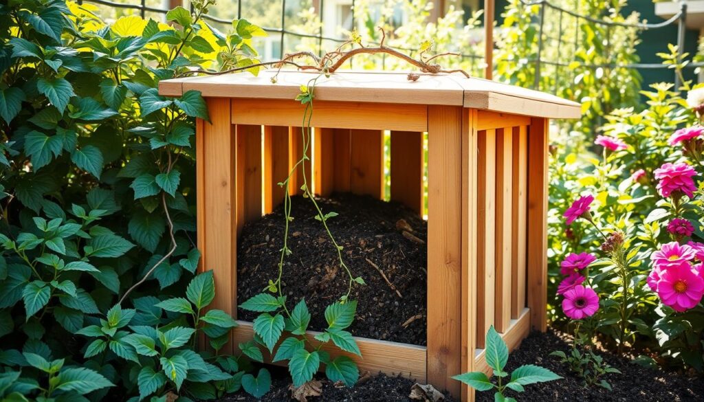 A simple, wooden compost bin stands in a well-tended garden, nestled among lush foliage and vibrant flowers. The bin's slats allow for airflow, facilitating the decomposition of kitchen scraps and yard trimmings within. Sunlight filters through the greenery, casting a warm, earthy glow on the rich, dark soil visible through the bin's open slats. Strands of vine weave playfully around the structure, adding a touch of natural charm. The scene evokes a sense of sustainability and the cycle of life, where waste is transformed into nourishing compost, ready to enrich the soil and support the growth of a thriving garden. A simple, wooden compost bin stands in a well-tended garden, nestled among lush foliage and vibrant flowers. The bin's slats allow for airflow, facilitating the decomposition of kitchen scraps and yard trimmings within. Sunlight filters through the greenery, casting a warm, earthy glow on the rich, dark soil visible through the bin's open slats. Strands of vine weave playfully around the structure, adding a touch of natural charm. The scene evokes a sense of sustainability and the cycle of life, where waste is transformed into nourishing compost, ready to enrich the soil and support the growth of a thriving garden.
