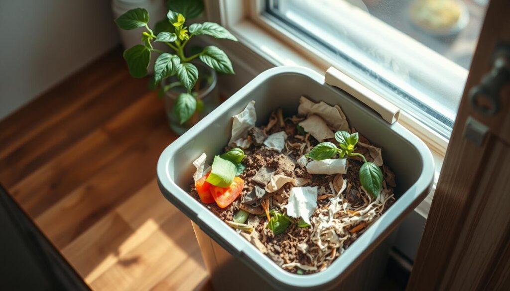 A small, tidy compost bin sits on a wooden kitchen counter, sunlight streaming in through a nearby window. The bin is filled with a mixture of organic waste, including vegetable scraps, coffee grounds, and shredded paper. The contents are well-aerated, with no visible signs of odor or decay. A nearby plant, thriving in the nourishing compost, adds a touch of green to the scene. The overall mood is one of efficiency and sustainability, showcasing how composting can be successfully integrated into even the most compact of living spaces. A small, tidy compost bin sits on a wooden kitchen counter, sunlight streaming in through a nearby window. The bin is filled with a mixture of organic waste, including vegetable scraps, coffee grounds, and shredded paper. The contents are well-aerated, with no visible signs of odor or decay. A nearby plant, thriving in the nourishing compost, adds a touch of green to the scene. The overall mood is one of efficiency and sustainability, showcasing how composting can be successfully integrated into even the most compact of living spaces.