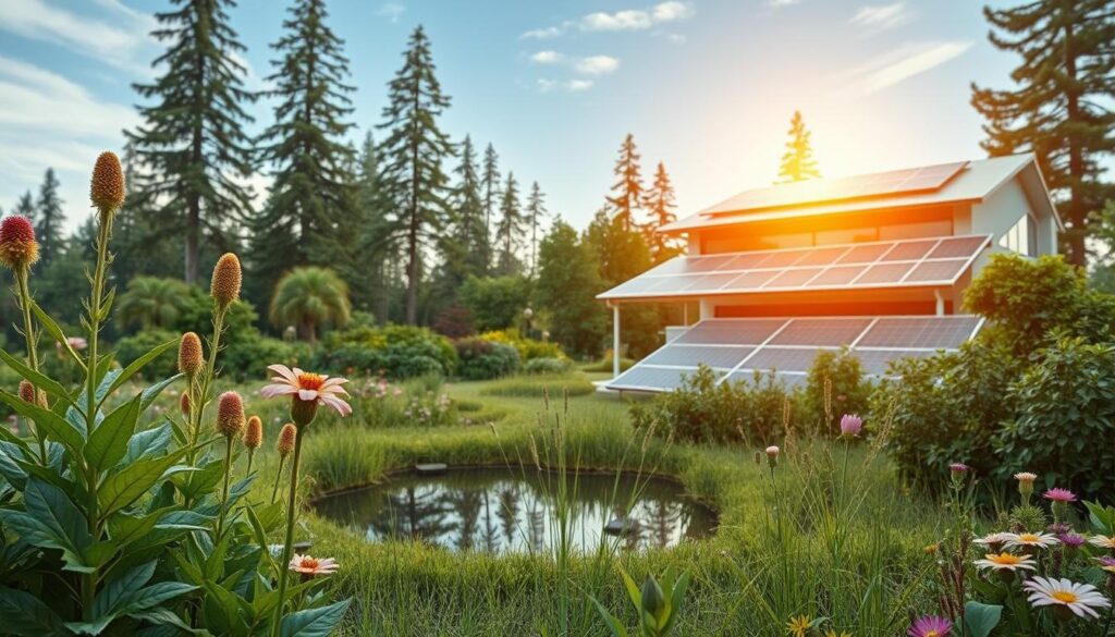 A solar-powered, modern "solarpunk" garden, with sleek, minimalist solar panels seamlessly integrated into the lush, verdant landscape. The foreground showcases a variety of native plants and flowers, thriving in a harmonious balance with the technology. In the middle ground, a small pond reflects the sky and solar panels, creating a serene, symbiotic atmosphere. The background features a blend of tall, swaying trees and a futuristic, energy-efficient home, its roof adorned with additional solar panels, bathed in warm, golden sunlight. The overall scene conveys a sense of environmental sustainability, technological innovation, and a fusion of nature and modernity.