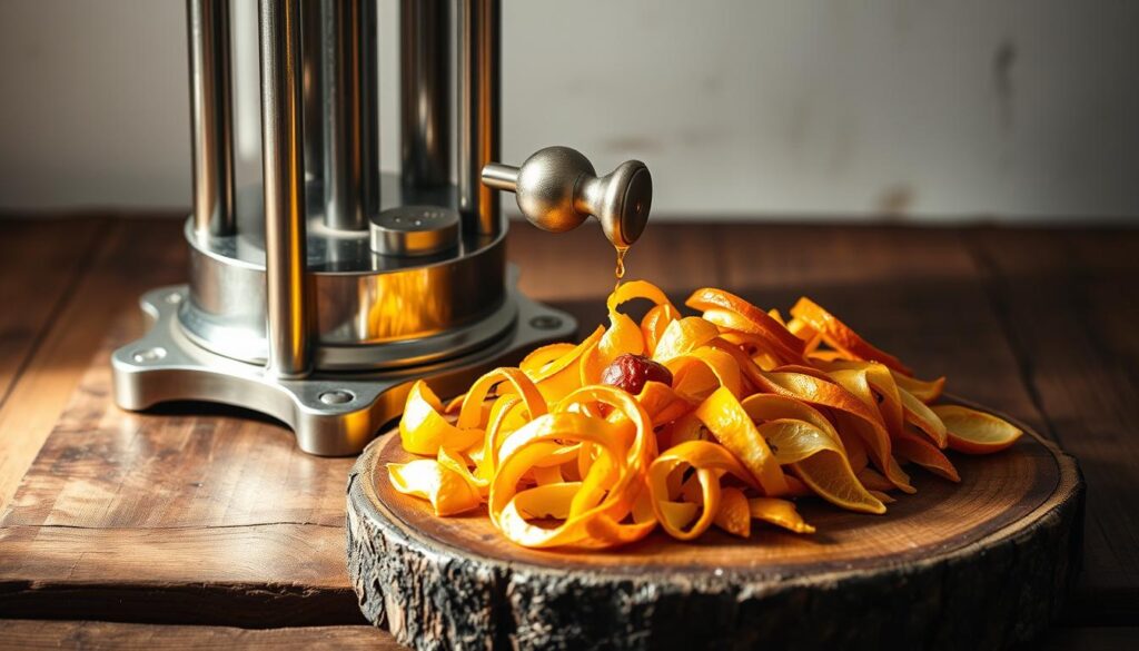 A stainless steel manual press stands on a rustic wooden surface, its polished finish gleaming under soft, natural lighting. A pile of freshly harvested citrus peels, their vibrant colors contrasting against the dark wood, is ready to be cold-pressed, extracting the aromatic essential oils. The press's lever is poised, waiting to be slowly lowered, applying gentle pressure to coax out the fragrant liquid. The scene conveys a sense of tranquility and attention to detail, capturing the essence of the artisanal cold-pressing technique for essential oil extraction. A stainless steel manual press stands on a rustic wooden surface, its polished finish gleaming under soft, natural lighting. A pile of freshly harvested citrus peels, their vibrant colors contrasting against the dark wood, is ready to be cold-pressed, extracting the aromatic essential oils. The press's lever is poised, waiting to be slowly lowered, applying gentle pressure to coax out the fragrant liquid. The scene conveys a sense of tranquility and attention to detail, capturing the essence of the artisanal cold-pressing technique for essential oil extraction.