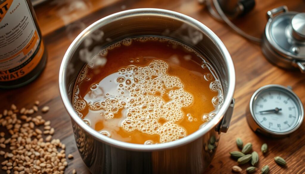 A stainless steel pot filled with a bubbling, amber-colored liquid on a wooden kitchen counter. The wort simmers gently under soft, warm lighting, steam rising in wisps. The vessel's surface reflects the light, creating a glossy, reflective sheen. The pot is surrounded by scattered whole-grain malts, hops, and a hydrometer. The scene conveys the artisanal, hands-on process of home brewing, with a focus on the crucial "wort" stage before fermentation. A stainless steel pot filled with a bubbling, amber-colored liquid on a wooden kitchen counter. The wort simmers gently under soft, warm lighting, steam rising in wisps. The vessel's surface reflects the light, creating a glossy, reflective sheen. The pot is surrounded by scattered whole-grain malts, hops, and a hydrometer. The scene conveys the artisanal, hands-on process of home brewing, with a focus on the crucial "wort" stage before fermentation.