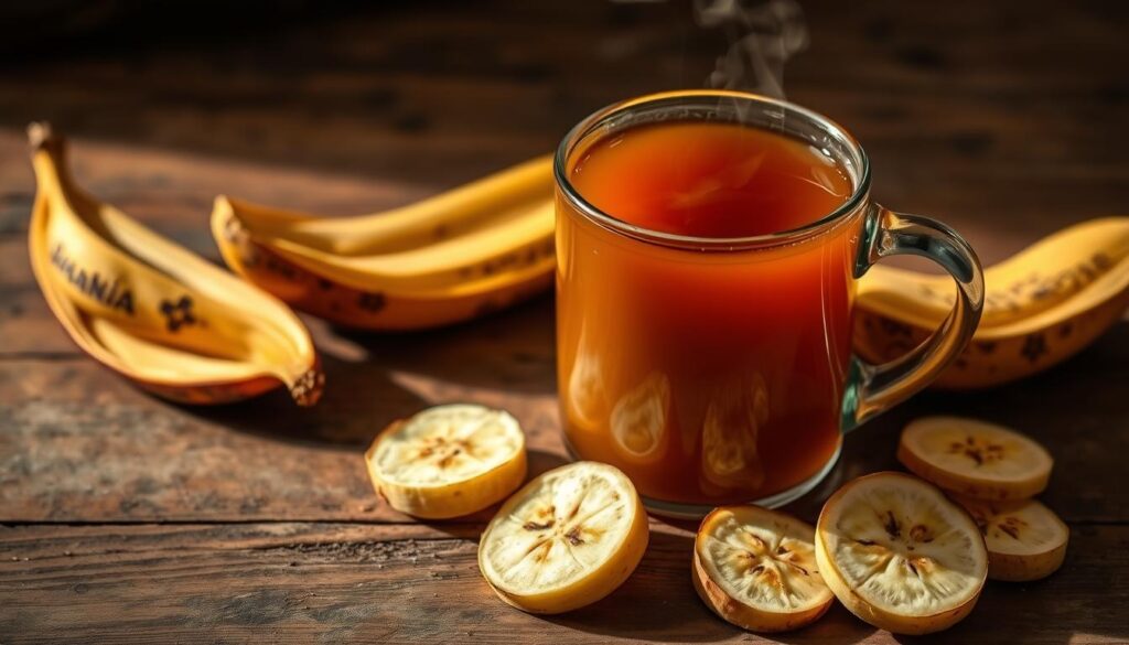 A steaming mug filled with a rich, amber-colored liquid, surrounded by fresh banana peels, sliced and arranged artfully on a wooden table. The lighting is warm and inviting, casting a soft glow that highlights the textural details of the peels. The overall composition has a rustic, earthy feel, conveying the natural and homemade nature of the "peel tea" preparation. The image should inspire a sense of curiosity and invite the viewer to learn more about this intriguing natural remedy. A steaming mug filled with a rich, amber-colored liquid, surrounded by fresh banana peels, sliced and arranged artfully on a wooden table. The lighting is warm and inviting, casting a soft glow that highlights the textural details of the peels. The overall composition has a rustic, earthy feel, conveying the natural and homemade nature of the "peel tea" preparation. The image should inspire a sense of curiosity and invite the viewer to learn more about this intriguing natural remedy.