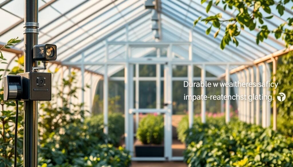 A sturdy greenhouse stands tall, its glass panels gleaming in the soft, even lighting. In the foreground, a robust security system is prominently displayed, with motion sensors, cameras, and reinforced locks ensuring the safety of the precious plants within. The middle ground showcases durable, weather-resistant materials, such as reinforced framing and impact-resistant glazing, providing a sense of strength and resilience. In the background, the greenhouse is nestled amidst a lush, serene garden, conveying a harmonious balance between security and nature. The overall atmosphere radiates a sense of protection and care, inviting the viewer to envision the successful cultivation of a thriving greenhouse sanctuary. A sturdy greenhouse stands tall, its glass panels gleaming in the soft, even lighting. In the foreground, a robust security system is prominently displayed, with motion sensors, cameras, and reinforced locks ensuring the safety of the precious plants within. The middle ground showcases durable, weather-resistant materials, such as reinforced framing and impact-resistant glazing, providing a sense of strength and resilience. In the background, the greenhouse is nestled amidst a lush, serene garden, conveying a harmonious balance between security and nature. The overall atmosphere radiates a sense of protection and care, inviting the viewer to envision the successful cultivation of a thriving greenhouse sanctuary.