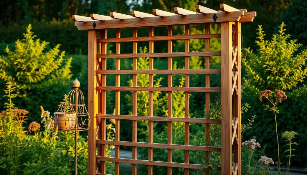 A sturdy, handcrafted wooden trellis standing tall in a lush garden, its intricate lattice-like framework providing a natural support for climbing vines and trailing plants. The trellis is positioned in the middle ground, with a verdant backdrop of flourishing greenery and a warm, golden-hour lighting casting a soft, romantic glow. The composition emphasizes the trellis's functional design and its harmonious integration with the surrounding garden elements, showcasing how such a simple structure can elevate the visual appeal and organization of a backyard oasis. A sturdy, handcrafted wooden trellis standing tall in a lush garden, its intricate lattice-like framework providing a natural support for climbing vines and trailing plants. The trellis is positioned in the middle ground, with a verdant backdrop of flourishing greenery and a warm, golden-hour lighting casting a soft, romantic glow. The composition emphasizes the trellis's functional design and its harmonious integration with the surrounding garden elements, showcasing how such a simple structure can elevate the visual appeal and organization of a backyard oasis.