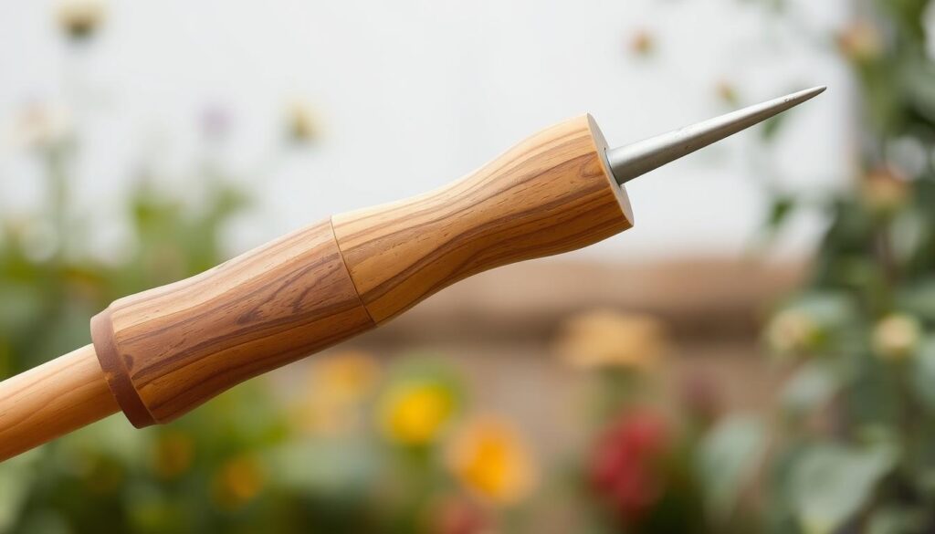 A sturdy, long-handled garden tool with a smooth, ergonomic grip. The handle is made of durable, high-quality wood, stained a warm, natural tone. Overhead lighting creates a soft, even illumination, highlighting the tactile texture and grain of the wood. The handle's substantial length and weight are balanced, allowing for comfortable, fatigue-free use over extended periods of time. The tool is angled slightly, creating a natural, relaxed posture for the user. The background is a serene, blurred garden scene, emphasizing the tool's purpose and suitability for practical, outdoor tasks. A sturdy, long-handled garden tool with a smooth, ergonomic grip. The handle is made of durable, high-quality wood, stained a warm, natural tone. Overhead lighting creates a soft, even illumination, highlighting the tactile texture and grain of the wood. The handle's substantial length and weight are balanced, allowing for comfortable, fatigue-free use over extended periods of time. The tool is angled slightly, creating a natural, relaxed posture for the user. The background is a serene, blurred garden scene, emphasizing the tool's purpose and suitability for practical, outdoor tasks.