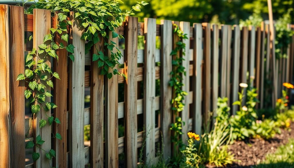 A sturdy pallet fence in a lush garden setting, with natural lighting casting warm shadows across the rough-hewn wooden slats. The fence is composed of vertically stacked wooden pallets, each board weathered and textured, creating a rustic, earthy aesthetic. In the foreground, lush greenery spills over the fence, adding pops of vibrant color and a sense of growth and vitality. The middle ground features a well-tended garden, with flourishing plants and flowers. The background is softly blurred, hinting at a peaceful, tranquil atmosphere. The overall composition conveys a sense of homespun charm and practical functionality, perfectly suiting the "Turn Free Pallets into a Sturdy Garden Fence" section of the "Garden Tools You Can Build or Modify at Home" article. A sturdy pallet fence in a lush garden setting, with natural lighting casting warm shadows across the rough-hewn wooden slats. The fence is composed of vertically stacked wooden pallets, each board weathered and textured, creating a rustic, earthy aesthetic. In the foreground, lush greenery spills over the fence, adding pops of vibrant color and a sense of growth and vitality. The middle ground features a well-tended garden, with flourishing plants and flowers. The background is softly blurred, hinting at a peaceful, tranquil atmosphere. The overall composition conveys a sense of homespun charm and practical functionality, perfectly suiting the "Turn Free Pallets into a Sturdy Garden Fence" section of the "Garden Tools You Can Build or Modify at Home" article.