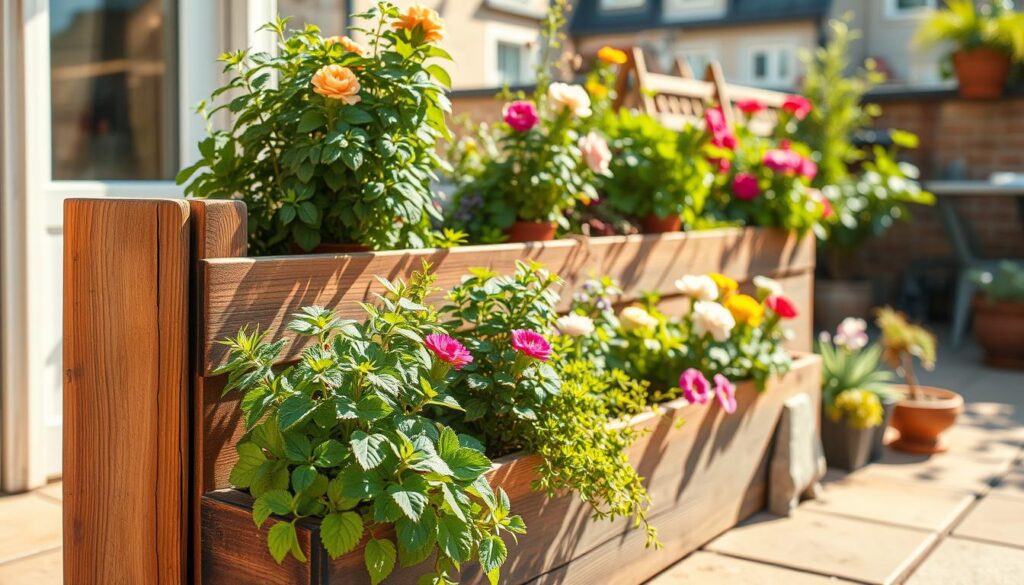 A sturdy, weathered wooden planter box, its natural grain and hues complementing a lush, verdant arrangement of flowering plants. The container is positioned on a sun-drenched patio, with a warm, soft focus creating a cozy, inviting atmosphere. The foreground features a variety of thriving potted herbs, succulents, and vibrant blooms, their textures and colors creating a visually striking display. The middle ground includes a few carefully placed decorative elements, such as a small garden trellis or stone accent pieces, adding depth and visual interest. The background showcases a glimpse of a charming urban setting, hinting at the potential of transforming even the most limited outdoor spaces into flourishing, personalized gardens. A sturdy, weathered wooden planter box, its natural grain and hues complementing a lush, verdant arrangement of flowering plants. The container is positioned on a sun-drenched patio, with a warm, soft focus creating a cozy, inviting atmosphere. The foreground features a variety of thriving potted herbs, succulents, and vibrant blooms, their textures and colors creating a visually striking display. The middle ground includes a few carefully placed decorative elements, such as a small garden trellis or stone accent pieces, adding depth and visual interest. The background showcases a glimpse of a charming urban setting, hinting at the potential of transforming even the most limited outdoor spaces into flourishing, personalized gardens.
