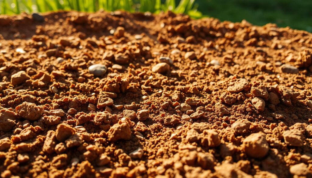 A sun-dappled garden bed, rich and loamy, with a soft, crumbly texture. The foreground showcases an intricate pattern of soil particles, their earthy hues ranging from deep ochre to subtle sienna. Motes of dust drift lazily in the warm, golden light, adding a sense of tranquility. In the middle ground, small stones and pebbles are scattered amidst the soil, creating a natural, tactile landscape. The background fades into a blurred, verdant backdrop, hinting at the lush growth soon to emerge from this well-prepared foundation. A sun-dappled garden bed, rich and loamy, with a soft, crumbly texture. The foreground showcases an intricate pattern of soil particles, their earthy hues ranging from deep ochre to subtle sienna. Motes of dust drift lazily in the warm, golden light, adding a sense of tranquility. In the middle ground, small stones and pebbles are scattered amidst the soil, creating a natural, tactile landscape. The background fades into a blurred, verdant backdrop, hinting at the lush growth soon to emerge from this well-prepared foundation.