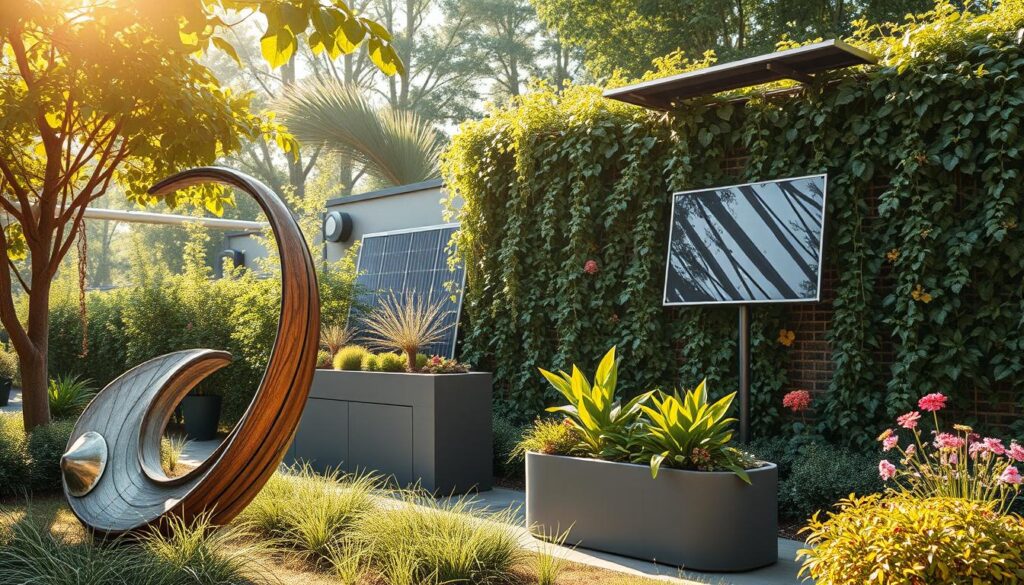 A sun-dappled garden scene showcasing an array of sustainable building materials and systems. In the foreground, a striking sculptural piece crafted from repurposed wood and metal, its organic curves and textures blending seamlessly with the lush foliage. In the middle ground, a sleek modular planter system made from recycled plastics, its geometric design complementing the natural surroundings. In the background, a living green wall adorned with cascading vines and vibrant flowers, powered by an integrated solar panel array. Warm, diffused lighting filters through the canopy, casting a soft, ethereal glow over the entire composition. The overall atmosphere evokes a sense of harmony between nature and technology, reflecting the solarpunk design philosophy.