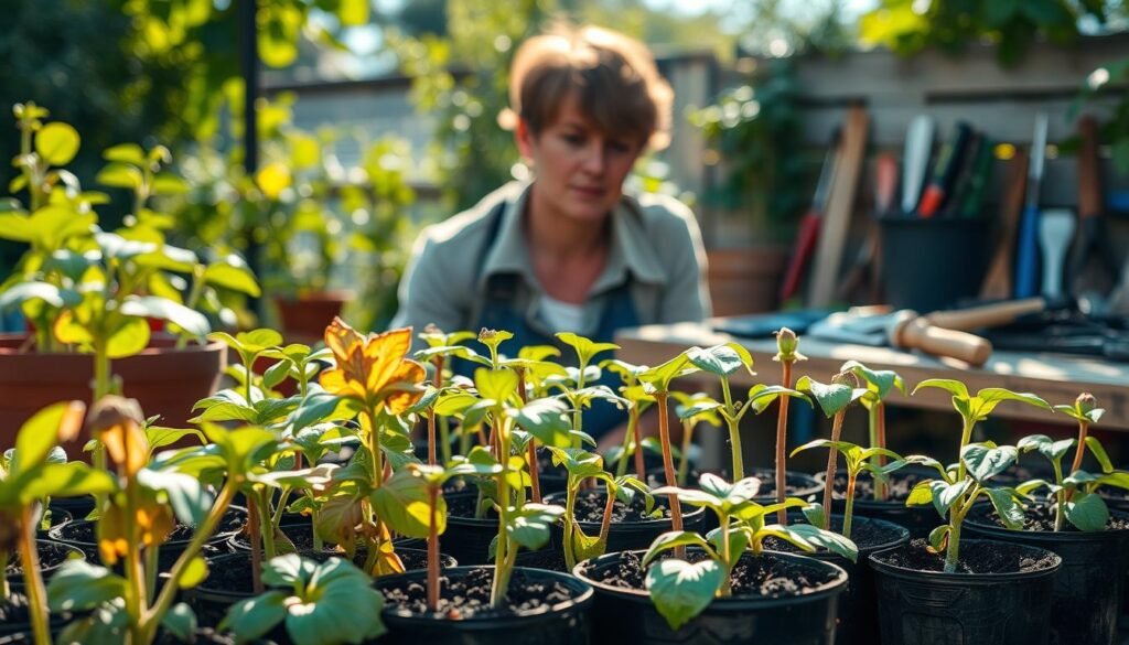 A sun-dappled garden setting, with an array of potted seedlings in various stages of distress. In the foreground, wilted leaves and discolored stems illustrate the consequences of abrupt environmental changes. The middle ground features a gardener examining the plants, brow furrowed in concern. In the background, a weathered wooden table holds various gardening tools, hinting at the quick fixes needed to salvage the struggling seedlings. Soft, warm lighting bathes the scene, creating an atmosphere of thoughtful contemplation amidst the delicate balance of nurturing young plants. A sun-dappled garden setting, with an array of potted seedlings in various stages of distress. In the foreground, wilted leaves and discolored stems illustrate the consequences of abrupt environmental changes. The middle ground features a gardener examining the plants, brow furrowed in concern. In the background, a weathered wooden table holds various gardening tools, hinting at the quick fixes needed to salvage the struggling seedlings. Soft, warm lighting bathes the scene, creating an atmosphere of thoughtful contemplation amidst the delicate balance of nurturing young plants.
