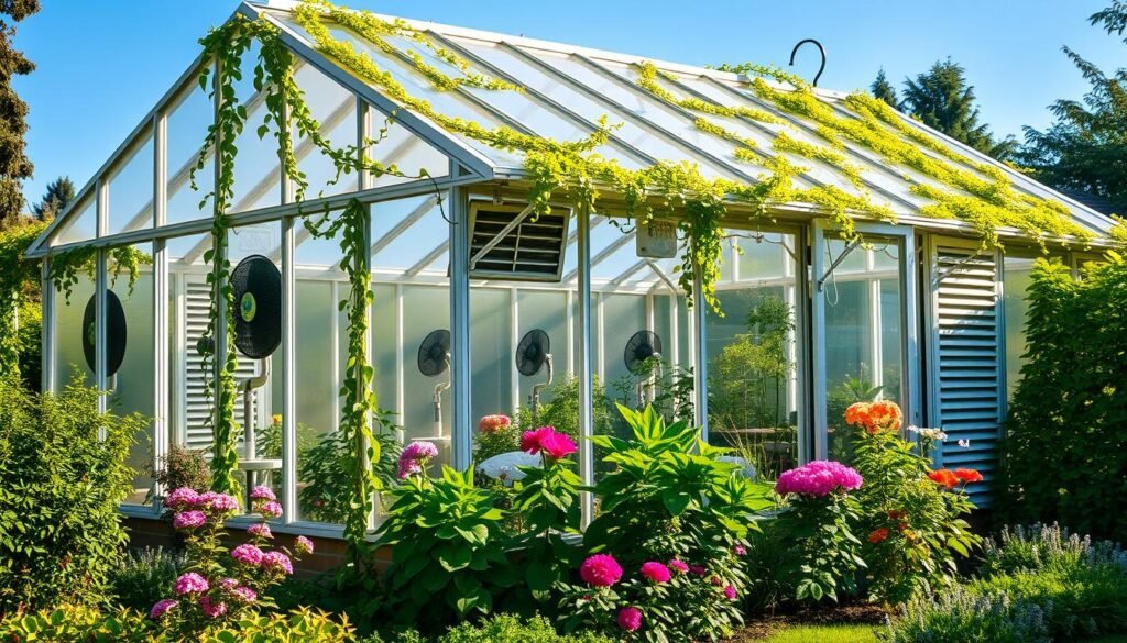 A sun-dappled greenhouse nestled amidst lush vegetation, its transparent panels bathed in warm summer light. The structure rises from a well-tended garden, its airy interior visible through the open vents that allow a gentle breeze to flow through. Verdant trailing vines adorn the exterior, casting intricate shadows across the polished surfaces. Strategically placed fans and louvered windows facilitate airflow, creating a harmonious balance between heat management and natural ventilation. Vibrant blooms and thriving plants populate the greenhouse, their vibrant hues a testament to the careful cultivation within. The overall scene conveys a sense of tranquility and horticultural abundance, perfectly suited for the "Summer Heat Management, Ventilation, and Pest Control" section of the article.