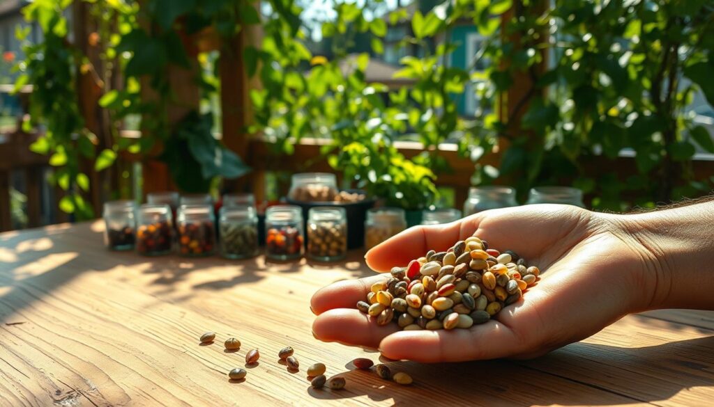 A sun-dappled wooden table, its surface adorned with a collection of colorful heirloom seeds, meticulously organized in small glass jars. In the foreground, a handful of seeds are cradled in a weathered palm, the textures and tones of the skin and the seeds intertwined. Cascading in the background, lush vines and leafy plants suggest a vibrant garden, their verdant hues creating a serene, natural atmosphere. Soft, warm lighting illuminates the scene, casting gentle shadows and highlights that accentuate the tactile qualities of the materials. The overall composition conveys a sense of care, preservation, and the cyclical nature of seed-saving, ready to inspire the viewer's own gardening journey. A sun-dappled wooden table, its surface adorned with a collection of colorful heirloom seeds, meticulously organized in small glass jars. In the foreground, a handful of seeds are cradled in a weathered palm, the textures and tones of the skin and the seeds intertwined. Cascading in the background, lush vines and leafy plants suggest a vibrant garden, their verdant hues creating a serene, natural atmosphere. Soft, warm lighting illuminates the scene, casting gentle shadows and highlights that accentuate the tactile qualities of the materials. The overall composition conveys a sense of care, preservation, and the cyclical nature of seed-saving, ready to inspire the viewer's own gardening journey.