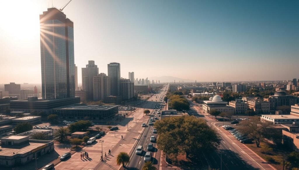 A sun-drenched cityscape, shimmering with the heat of a scorching summer day. In the foreground, a sprawling network of concrete and asphalt, absorbing and radiating the sun's fierce rays. Towering skyscrapers, their glass facades reflecting the intense light, create a distorted, wavering mirage. Shadows cast by these structures provide momentary respite, forming a patchwork of light and dark across the urban landscape. In the middle ground, bustling streets lined with parked cars, their metal bodies gleaming under the relentless sun. Pedestrians hurry along, seeking shelter from the oppressive heat. Mature trees, their leaves wilting, offer sparse and inadequate shade, a testament to the relentless force of the city's heat. The background fades into a hazy horizon, the air thick with the shimmer of thermal currents. A cloudless sky, an endless expanse of blue, amplifies the sense of heat and dryness, creating a visceral experience of the urban heat island effect. A sun-drenched cityscape, shimmering with the heat of a scorching summer day. In the foreground, a sprawling network of concrete and asphalt, absorbing and radiating the sun's fierce rays. Towering skyscrapers, their glass facades reflecting the intense light, create a distorted, wavering mirage. Shadows cast by these structures provide momentary respite, forming a patchwork of light and dark across the urban landscape. In the middle ground, bustling streets lined with parked cars, their metal bodies gleaming under the relentless sun. Pedestrians hurry along, seeking shelter from the oppressive heat. Mature trees, their leaves wilting, offer sparse and inadequate shade, a testament to the relentless force of the city's heat. The background fades into a hazy horizon, the air thick with the shimmer of thermal currents. A cloudless sky, an endless expanse of blue, amplifies the sense of heat and dryness, creating a visceral experience of the urban heat island effect.