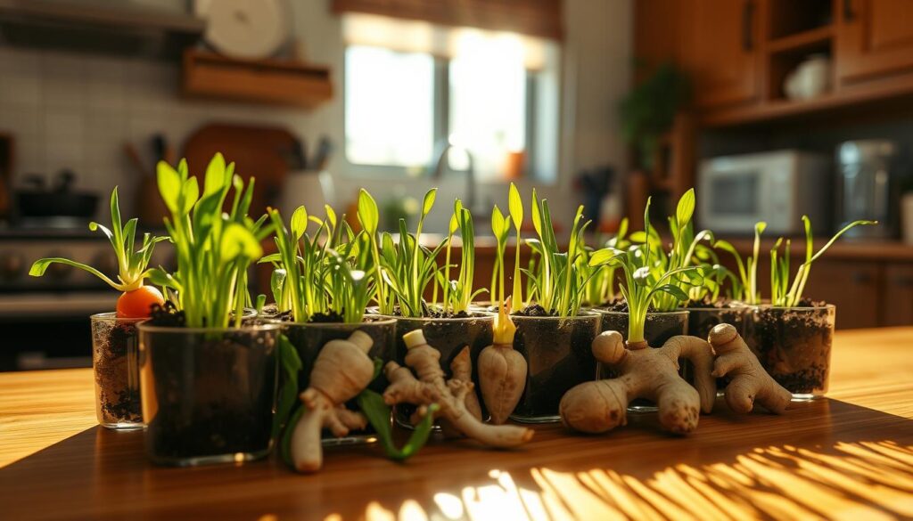 A sun-drenched kitchen counter, with various food scraps arranged in a neat grid - carrot tops, scallion stumps, ginger roots, and more. Vibrant green sprouts are emerging from the soil-filled containers, their leaves reaching toward the warm, natural light pouring in through a nearby window. The scene has a sense of tranquility and growth, inviting the viewer to imagine the potential of these humble kitchen scraps. A shallow depth of field keeps the focus on the foreground, while the background fades into a soft, blurred domestic setting. The lighting is soft and diffuse, creating a gentle, hopeful atmosphere. This image showcases the simple yet rewarding process of regrowing food scraps at home or in the classroom. A sun-drenched kitchen counter, with various food scraps arranged in a neat grid - carrot tops, scallion stumps, ginger roots, and more. Vibrant green sprouts are emerging from the soil-filled containers, their leaves reaching toward the warm, natural light pouring in through a nearby window. The scene has a sense of tranquility and growth, inviting the viewer to imagine the potential of these humble kitchen scraps. A shallow depth of field keeps the focus on the foreground, while the background fades into a soft, blurred domestic setting. The lighting is soft and diffuse, creating a gentle, hopeful atmosphere. This image showcases the simple yet rewarding process of regrowing food scraps at home or in the classroom.