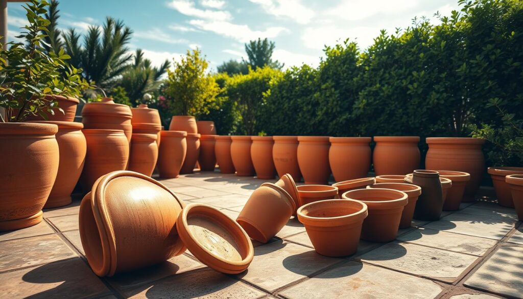 A sun-drenched patio, terracotta pots of various sizes arranged in an orderly row, their surfaces glistening with moisture as they slowly dry in the gentle breeze. The pots' earthy tones are accentuated by the warm, golden light filtering through wispy clouds. In the foreground, a few pots have been turned upside down, their rims casting soft shadows on the patio's weathered stone tiles. The middle ground features a mix of upright and inverted pots, while the background is dominated by a verdant, well-manicured garden, providing a lush, natural backdrop. The scene exudes a sense of tranquility and meticulous organization, perfectly capturing the essence of "Drying and Off-Season Storage Strategies to Prevent Damage".