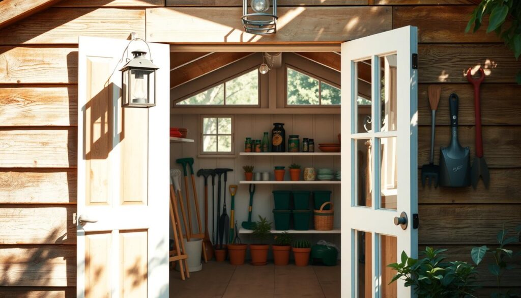 A sun-drenched, well-organized garden shed with an open double door inviting exploration. The weathered, wooden exterior is adorned with a rustic metal lantern, casting a warm glow. Inside, the space is meticulously tidy, with neatly arranged tools, gardening supplies, and plant pots lining the shelves. Soft natural light filters through the windows, illuminating the clean, uncluttered interior. The scene exudes a sense of calm and productivity, ready to inspire a fresh start in organizing the cluttered garden.