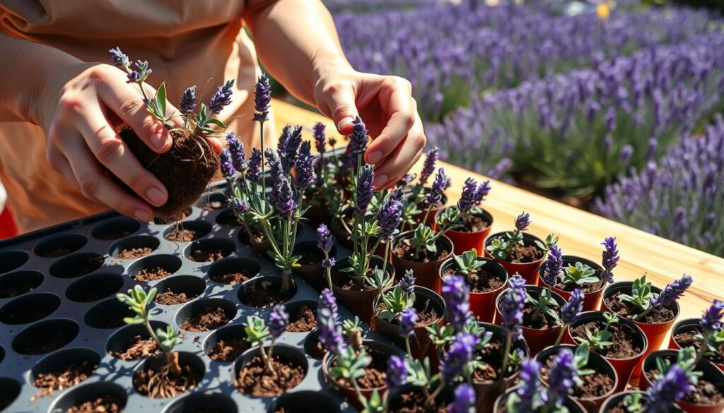A sunny, softly-lit scene of a gardener carefully transplanting lavender seedlings into individual pots. The foreground shows the gardener's hands delicately lifting the tender purple plants from a seed tray, their roots wrapped in a moist growing medium. The middle ground displays an array of small lavender seedlings in various stages of growth, their fragrant foliage contrasting against the warm-toned wooden potting bench. In the background, a lush, well-tended lavender garden stretches out, hinting at the future maturity of these young plants. The overall mood is one of focused, patient care, as the gardener nurtures these seedlings towards full bloom. A sunny, softly-lit scene of a gardener carefully transplanting lavender seedlings into individual pots. The foreground shows the gardener's hands delicately lifting the tender purple plants from a seed tray, their roots wrapped in a moist growing medium. The middle ground displays an array of small lavender seedlings in various stages of growth, their fragrant foliage contrasting against the warm-toned wooden potting bench. In the background, a lush, well-tended lavender garden stretches out, hinting at the future maturity of these young plants. The overall mood is one of focused, patient care, as the gardener nurtures these seedlings towards full bloom.