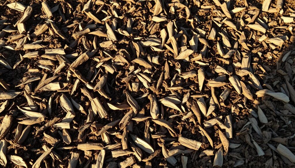 A thick, lush layer of organic mulch covers the soil, its rich, earthy tones accentuated by warm, natural lighting. The mulch, composed of shredded bark and leaves, forms a protective blanket that retains moisture and suppresses weed growth. Subtle shadows cast by the mulch create a sense of depth and texture, while the slightly uneven surface suggests a healthy, thriving ecosystem teeming with microbial life. The overall scene evokes a sense of nourishment and vitality, reflecting the importance of mulch in maintaining the health and vitality of the soil. A thick, lush layer of organic mulch covers the soil, its rich, earthy tones accentuated by warm, natural lighting. The mulch, composed of shredded bark and leaves, forms a protective blanket that retains moisture and suppresses weed growth. Subtle shadows cast by the mulch create a sense of depth and texture, while the slightly uneven surface suggests a healthy, thriving ecosystem teeming with microbial life. The overall scene evokes a sense of nourishment and vitality, reflecting the importance of mulch in maintaining the health and vitality of the soil.