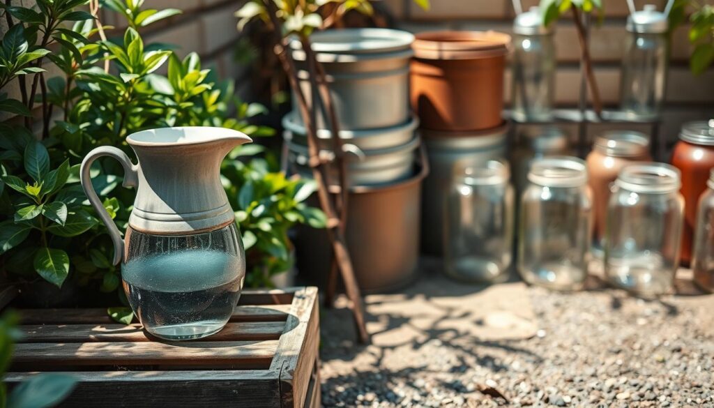 A tidy arrangement of various water containers in a small, sun-dappled garden space. In the foreground, a sleek ceramic pitcher sits atop a rustic wooden crate, its clear liquid reflecting the lush foliage surrounding it. In the middle ground, a set of stacked metal buckets in earthy tones catch the warm, directional light, casting soft shadows on the ground below. In the background, a row of repurposed glass jars and mason jars of different sizes and shapes are neatly organized, ready to collect and store precious rainwater. The overall scene conveys a sense of order, efficiency, and a thoughtful approach to water conservation in a limited urban setting.