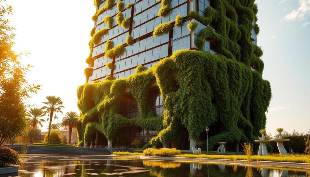 A towering, solarpunk-inspired architectural structure, bathed in warm, golden sunlight. The building's facade features a harmonious blend of natural elements and cutting-edge technology, with solar panels seamlessly integrated into the sleek, geometric design. Lush, verdant vines and greenery cascade down the building's exterior, creating a striking contrast between the built environment and the natural world. In the foreground, a tranquil water feature reflects the structure, while in the background, a verdant garden landscape with whimsical sculptural elements hints at the integration of nature and technology. The overall scene conveys a sense of sustainability, innovation, and a future where architecture and nature coexist in perfect harmony.
