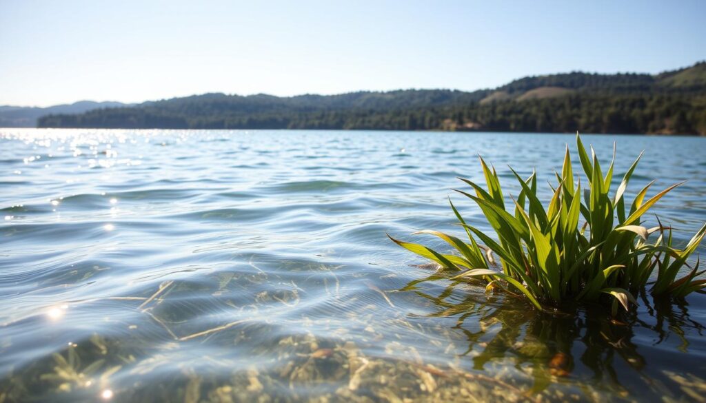 A tranquil body of crystal-clear, sparkling water, reflecting the warm, golden sunlight from a cloudless sky. The surface is calm and smooth, with gentle ripples gently lapping at the edges of a lush, verdant shoreline. In the foreground, sunlight dances on the rippling surface, creating a mesmerizing, shimmering effect. The middle ground features vibrant, healthy aquatic plants swaying in the current, while the background showcases a picturesque landscape of rolling hills and verdant forests. The overall scene conveys a sense of serene, natural harmony, perfect for the subject of homemade, all-natural liquid fertilizer. A tranquil body of crystal-clear, sparkling water, reflecting the warm, golden sunlight from a cloudless sky. The surface is calm and smooth, with gentle ripples gently lapping at the edges of a lush, verdant shoreline. In the foreground, sunlight dances on the rippling surface, creating a mesmerizing, shimmering effect. The middle ground features vibrant, healthy aquatic plants swaying in the current, while the background showcases a picturesque landscape of rolling hills and verdant forests. The overall scene conveys a sense of serene, natural harmony, perfect for the subject of homemade, all-natural liquid fertilizer.