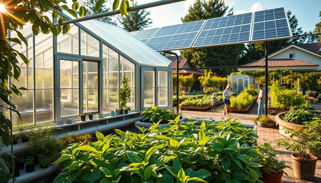 A tranquil solar-powered greenhouse nestled amidst lush greenery, its glass panels glistening in the warm afternoon sun. The foreground features a diverse array of thriving potted plants, their leaves rustling gently in the breeze. In the middle ground, a neatly organized hydroponic system supplies nutrient-rich water to the vegetation. Overhead, a sleek array of solar panels harnesses the sun's energy, powering the greenhouse's self-sustaining systems. The background showcases a vibrant, eco-friendly community, with people tending to their own garden plots and children playing nearby. An atmosphere of harmony and environmental stewardship permeates the scene, conveying the message of sustainable living within a homeowners' association setting. A tranquil solar-powered greenhouse nestled amidst lush greenery, its glass panels glistening in the warm afternoon sun. The foreground features a diverse array of thriving potted plants, their leaves rustling gently in the breeze. In the middle ground, a neatly organized hydroponic system supplies nutrient-rich water to the vegetation. Overhead, a sleek array of solar panels harnesses the sun's energy, powering the greenhouse's self-sustaining systems. The background showcases a vibrant, eco-friendly community, with people tending to their own garden plots and children playing nearby. An atmosphere of harmony and environmental stewardship permeates the scene, conveying the message of sustainable living within a homeowners' association setting.