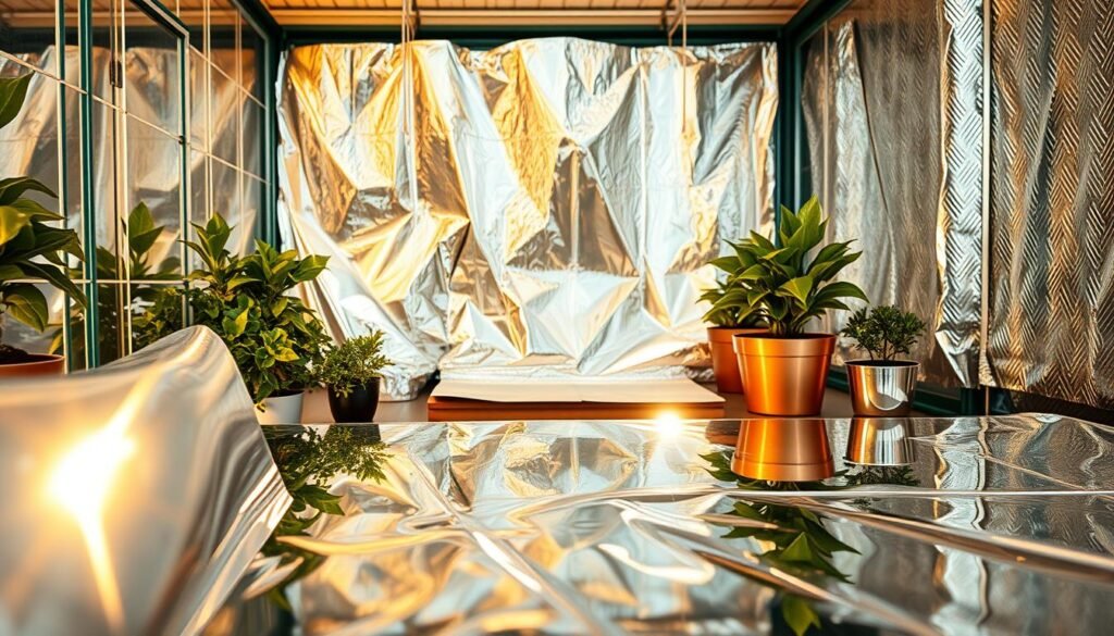 A variety of reflective materials in a well-lit greenhouse setting. In the foreground, a selection of shiny metal surfaces, polished glass, and glossy acrylic panels catch the warm, natural light. In the middle ground, aluminum foil sheets and mirrored surfaces create a dazzling array of reflections, illuminating the surrounding plants. The background features textured, metallic wall panels that amplify the brightness and enhance the overall luminous atmosphere. The scene conveys a sense of scientific experimentation and careful curation of reflective elements to optimize plant growth. A variety of reflective materials in a well-lit greenhouse setting. In the foreground, a selection of shiny metal surfaces, polished glass, and glossy acrylic panels catch the warm, natural light. In the middle ground, aluminum foil sheets and mirrored surfaces create a dazzling array of reflections, illuminating the surrounding plants. The background features textured, metallic wall panels that amplify the brightness and enhance the overall luminous atmosphere. The scene conveys a sense of scientific experimentation and careful curation of reflective elements to optimize plant growth.