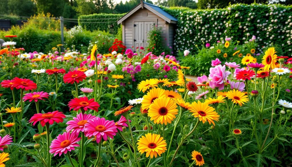 A verdant cutting garden in soft morning light, featuring an array of vibrant blooms in a variety of shapes and hues. In the foreground, clusters of cheerful zinnias, cosmos, and sunflowers sway gently. In the middle ground, lush beds of dahlias, peonies, and anemones add depth and texture. The background features a picturesque garden shed, framed by a flourishing border of fragrant sweet peas and trailing vines. The scene exudes a sense of abundance and tranquility, inviting the viewer to imagine cutting and arranging the blooms for a beautiful bouquet. A verdant cutting garden in soft morning light, featuring an array of vibrant blooms in a variety of shapes and hues. In the foreground, clusters of cheerful zinnias, cosmos, and sunflowers sway gently. In the middle ground, lush beds of dahlias, peonies, and anemones add depth and texture. The background features a picturesque garden shed, framed by a flourishing border of fragrant sweet peas and trailing vines. The scene exudes a sense of abundance and tranquility, inviting the viewer to imagine cutting and arranging the blooms for a beautiful bouquet.