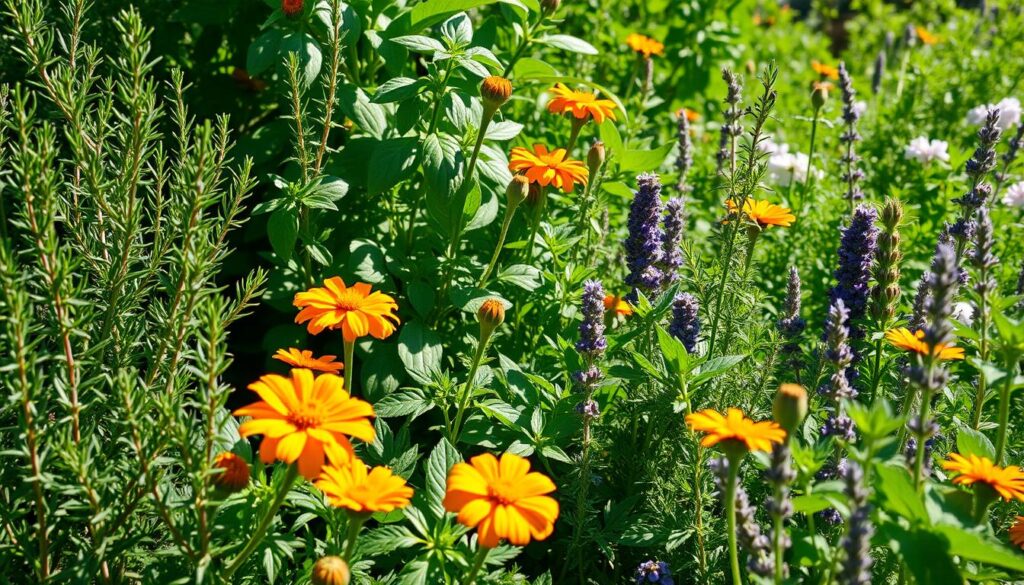 A verdant garden scene, a close-up view of diverse herbs intertwined, their vibrant foliage and delicate flowers filling the frame. Sunlight filters through the lush canopy, casting soft, dappled shadows. In the foreground, fragrant rosemary, basil, and marigolds stand tall, their natural pest-repelling properties on full display. The middle ground reveals companion plantings of lemon thyme, lavender, and sage, their aromatic compounds creating a natural barrier against unwanted insects. The background softly blurs, hinting at the broader ecosystem of this organic, self-sustaining garden. A sense of balance and harmony pervades the scene, showcasing the power of strategic herb placement as a holistic, environmentally-friendly approach to pest control. A verdant garden scene, a close-up view of diverse herbs intertwined, their vibrant foliage and delicate flowers filling the frame. Sunlight filters through the lush canopy, casting soft, dappled shadows. In the foreground, fragrant rosemary, basil, and marigolds stand tall, their natural pest-repelling properties on full display. The middle ground reveals companion plantings of lemon thyme, lavender, and sage, their aromatic compounds creating a natural barrier against unwanted insects. The background softly blurs, hinting at the broader ecosystem of this organic, self-sustaining garden. A sense of balance and harmony pervades the scene, showcasing the power of strategic herb placement as a holistic, environmentally-friendly approach to pest control.