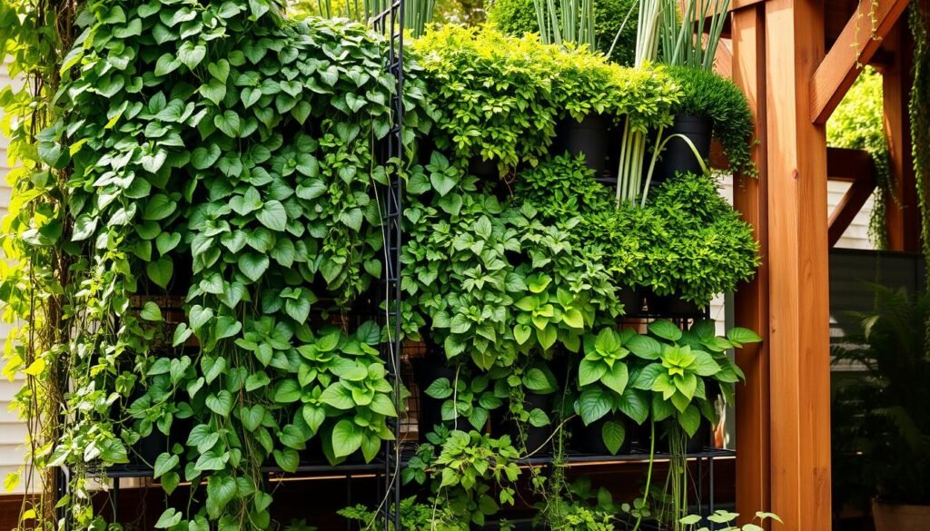 A verdant vertical garden structure, its tiered levels overflowing with lush foliage. In the foreground, a metal lattice framework supports a cascading array of potted plants, their vibrant leaves and vines spilling gracefully downward. The middle ground features a mix of trailing vines, bushy shrubs, and tall, slender stalks, creating a sense of depth and layered greenery. In the background, the structure is anchored by a sturdy wooden frame, its rustic charm juxtaposed against the modern metal accents. Warm, natural lighting filters through the greenery, casting a soft, serene glow and evoking a tranquil, urban oasis vibe. The overall composition emphasizes the efficient use of vertical space, showcasing a visually striking and space-saving gardening solution.