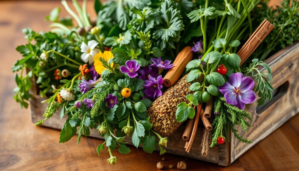 A vibrant and inviting close-up shot of various fresh herbs and spices, arranged in a rustic wooden box or crate. The foreground features an assortment of leafy greens, fragrant flowers, and colorful spices, meticulously placed to create a visually appealing and mouthwatering display. The middle ground showcases a wooden table or surface, with a warm, natural lighting that casts soft shadows and highlights the textures of the ingredients. The background is slightly blurred, creating a sense of depth and focus on the central elements. The overall composition and styling convey a sense of freshness, culinary expertise, and a passion for cultivating and utilizing every part of these nourishing plants. A vibrant and inviting close-up shot of various fresh herbs and spices, arranged in a rustic wooden box or crate. The foreground features an assortment of leafy greens, fragrant flowers, and colorful spices, meticulously placed to create a visually appealing and mouthwatering display. The middle ground showcases a wooden table or surface, with a warm, natural lighting that casts soft shadows and highlights the textures of the ingredients. The background is slightly blurred, creating a sense of depth and focus on the central elements. The overall composition and styling convey a sense of freshness, culinary expertise, and a passion for cultivating and utilizing every part of these nourishing plants.