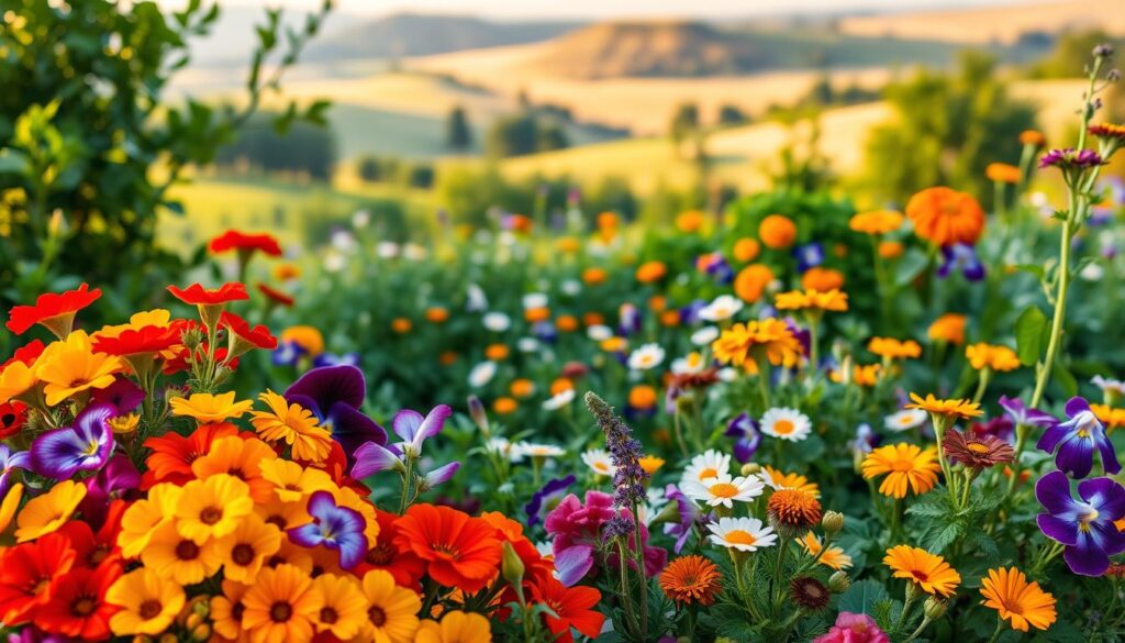 A vibrant array of beginner-friendly edible flowers in a natural, sun-dappled garden setting. In the foreground, a lush bouquet of vibrant nasturtiums, pansies, and marigolds in a variety of bold hues. The middle ground features a scattering of delicate, pastel-toned calendula and borage blossoms amongst lush greenery. In the background, a soft, blurred landscape with rolling hills and a warm, golden-hour glow. Captured with a shallow depth of field and soft, diffused lighting to emphasize the delicate, mouthwatering beauty of these easy-to-grow edible flowers. A vibrant array of beginner-friendly edible flowers in a natural, sun-dappled garden setting. In the foreground, a lush bouquet of vibrant nasturtiums, pansies, and marigolds in a variety of bold hues. The middle ground features a scattering of delicate, pastel-toned calendula and borage blossoms amongst lush greenery. In the background, a soft, blurred landscape with rolling hills and a warm, golden-hour glow. Captured with a shallow depth of field and soft, diffused lighting to emphasize the delicate, mouthwatering beauty of these easy-to-grow edible flowers.