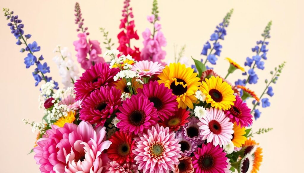 A vibrant bouquet of freshly cut flowers arranged against a soft, neutral background. In the foreground, focal blooms like lush peonies, dramatic dahlias, and delicate anemones take center stage. Behind them, spiky gladioli and tall, slender delphiniums add dramatic height and texture. In the middle ground, wispy baby's breath and fluffy chrysanthemums provide airy accents, while disc-shaped sunflowers and zinnias add pops of bold color. Warm, natural lighting casts a gentle glow, accentuating the flowers' vibrant hues and bringing out their delicate, organic forms. The overall composition is balanced and visually captivating, perfectly suited to illustrate a section on seasonal cutting garden blooms. A vibrant bouquet of freshly cut flowers arranged against a soft, neutral background. In the foreground, focal blooms like lush peonies, dramatic dahlias, and delicate anemones take center stage. Behind them, spiky gladioli and tall, slender delphiniums add dramatic height and texture. In the middle ground, wispy baby's breath and fluffy chrysanthemums provide airy accents, while disc-shaped sunflowers and zinnias add pops of bold color. Warm, natural lighting casts a gentle glow, accentuating the flowers' vibrant hues and bringing out their delicate, organic forms. The overall composition is balanced and visually captivating, perfectly suited to illustrate a section on seasonal cutting garden blooms.
