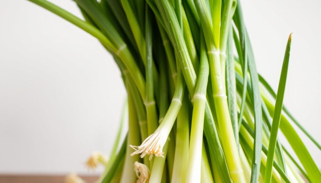 A vibrant bundle of green onions, their slender stems and broad leaves gently swaying in natural light. The foreground features the onions in close-up, highlighting their crisp textures and verdant hues. The middle ground showcases the onions' entire length, from the delicate tips to the sturdy white bases. In the background, a simple, uncluttered setting allows the onions to be the star, conveying a sense of freshness and versatility. Soft, diffused lighting casts subtle shadows, accentuating the onions' form and creating a warm, inviting atmosphere. The overall composition emphasizes the wholesome, waste-reducing nature of these versatile plants, ready to be enjoyed in their entirety. A vibrant bundle of green onions, their slender stems and broad leaves gently swaying in natural light. The foreground features the onions in close-up, highlighting their crisp textures and verdant hues. The middle ground showcases the onions' entire length, from the delicate tips to the sturdy white bases. In the background, a simple, uncluttered setting allows the onions to be the star, conveying a sense of freshness and versatility. Soft, diffused lighting casts subtle shadows, accentuating the onions' form and creating a warm, inviting atmosphere. The overall composition emphasizes the wholesome, waste-reducing nature of these versatile plants, ready to be enjoyed in their entirety.