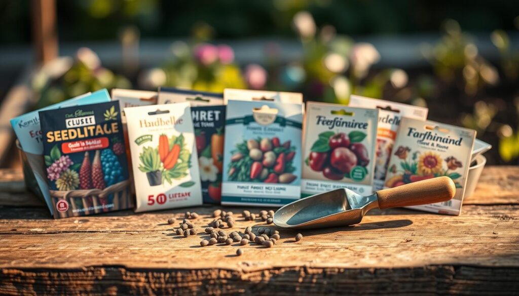 A vibrant close-up of various fresh seed packets arranged on a weathered wooden surface, with a soft, warm light illuminating the rich colors and textures of the seeds and packaging. The foreground features an assortment of seed packets, each with distinct illustrations and typography, conveying a sense of variety and quality. The middle ground showcases a few scattered seeds and a small hand trowel, hinting at the care and attention needed to nurture these tiny life-givers. The background fades into a soft, blurred natural setting, evoking a sense of a well-tended garden or allotment. The overall mood is one of anticipation, diligence, and the promise of bountiful growth. A vibrant close-up of various fresh seed packets arranged on a weathered wooden surface, with a soft, warm light illuminating the rich colors and textures of the seeds and packaging. The foreground features an assortment of seed packets, each with distinct illustrations and typography, conveying a sense of variety and quality. The middle ground showcases a few scattered seeds and a small hand trowel, hinting at the care and attention needed to nurture these tiny life-givers. The background fades into a soft, blurred natural setting, evoking a sense of a well-tended garden or allotment. The overall mood is one of anticipation, diligence, and the promise of bountiful growth.