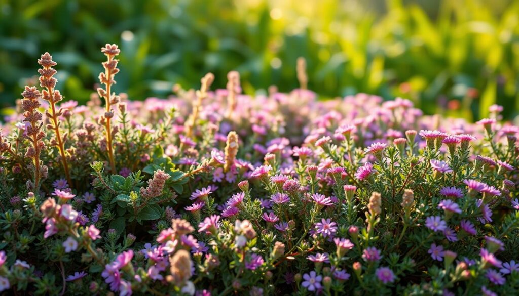 A vibrant, closeup composition showcasing various creeping thyme varieties in a lush, natural setting. The foreground features distinct specimens of woolly thyme, lemon thyme, and pink chintz thyme, their delicate leaves and flowers gently cascading across the frame. The middle ground reveals a tapestry of different thyme types, their colors ranging from deep green to vibrant purple, intertwined with hints of the accompanying yarrow. The background is a soft, out-of-focus blur of verdant foliage, suggesting an expansive, serene garden setting. Warm, natural lighting casts a gentle glow, highlighting the intricate textures and hues of the plants. Captured with a macro lens to emphasize the fine details, the image conveys the charm and beauty of these versatile creeping thyme varieties. A vibrant, closeup composition showcasing various creeping thyme varieties in a lush, natural setting. The foreground features distinct specimens of woolly thyme, lemon thyme, and pink chintz thyme, their delicate leaves and flowers gently cascading across the frame. The middle ground reveals a tapestry of different thyme types, their colors ranging from deep green to vibrant purple, intertwined with hints of the accompanying yarrow. The background is a soft, out-of-focus blur of verdant foliage, suggesting an expansive, serene garden setting. Warm, natural lighting casts a gentle glow, highlighting the intricate textures and hues of the plants. Captured with a macro lens to emphasize the fine details, the image conveys the charm and beauty of these versatile creeping thyme varieties.